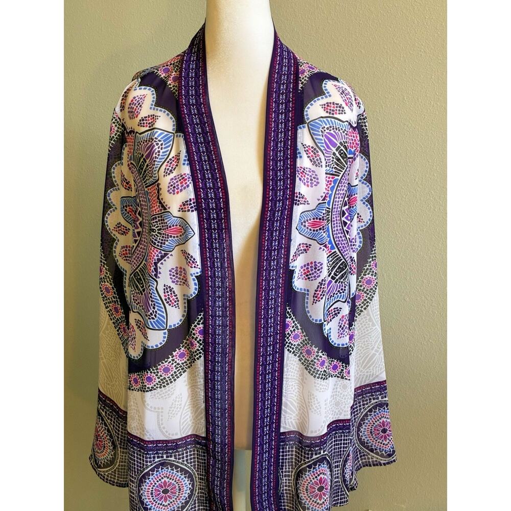 Chico’s Kimono Cardigan Sheer Boho Open Front Purple Mosaic Artsy 2 L Flowy Boho